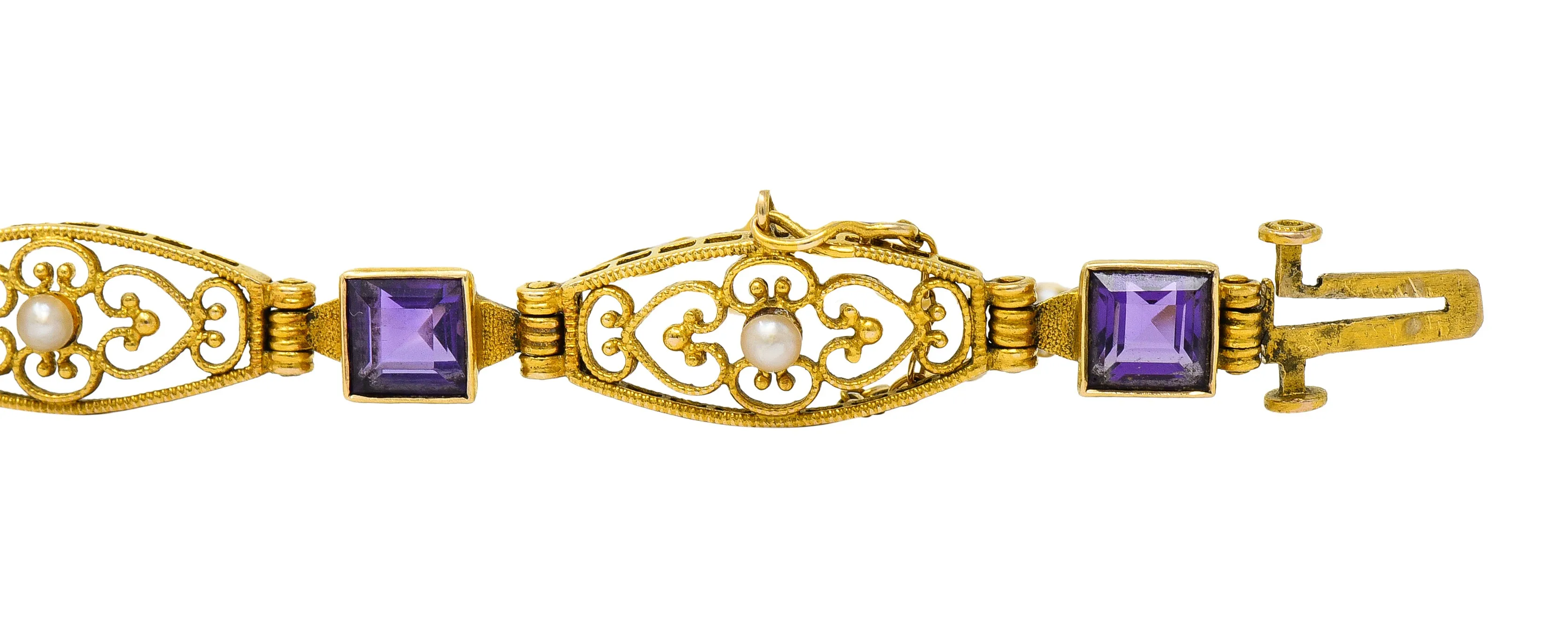 1905 Art Nouveau Amethyst Pearl 14 Karat Gold Link Bracelet