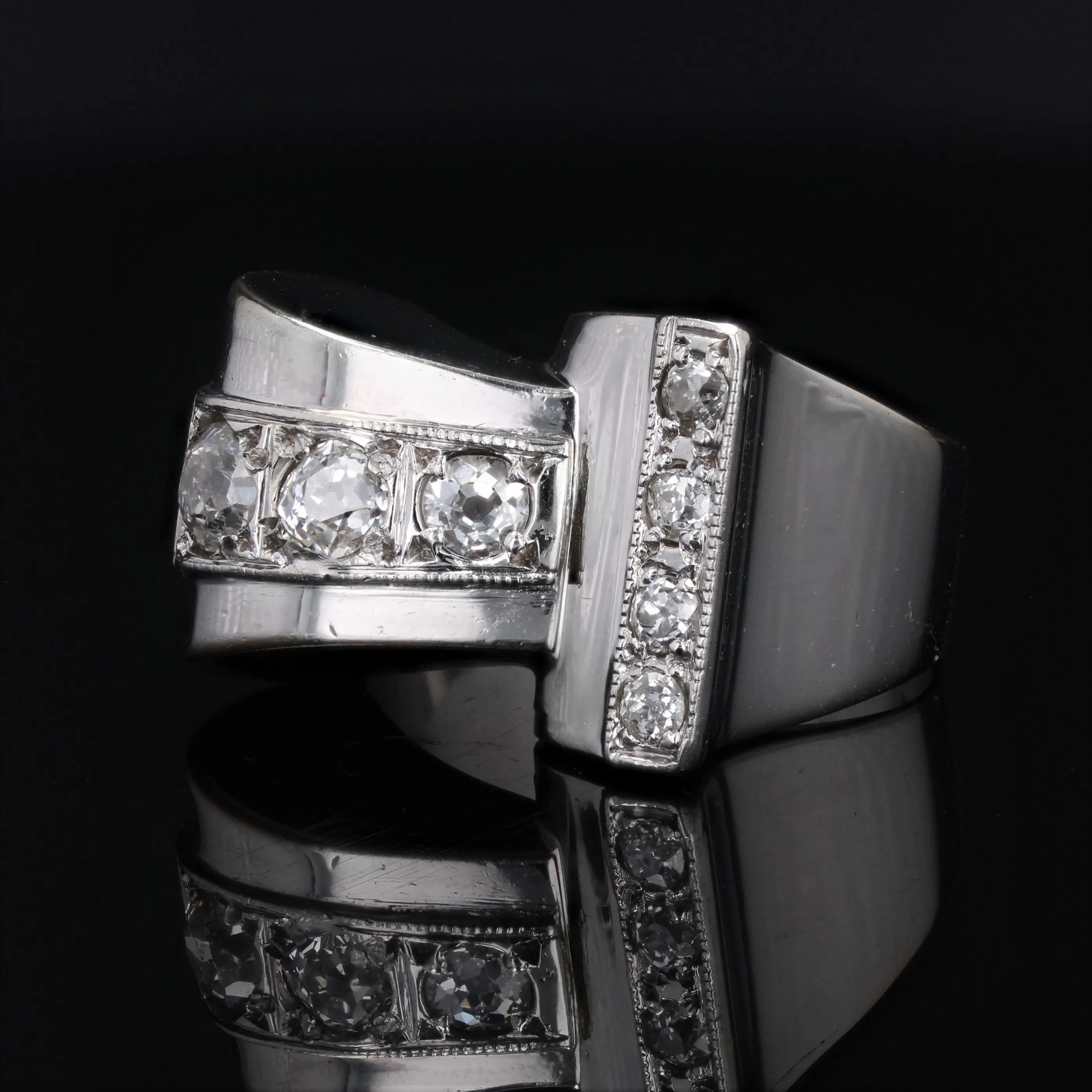 1940s Tank Diamond Asymetrical 18 Karat Gold Signet Ring