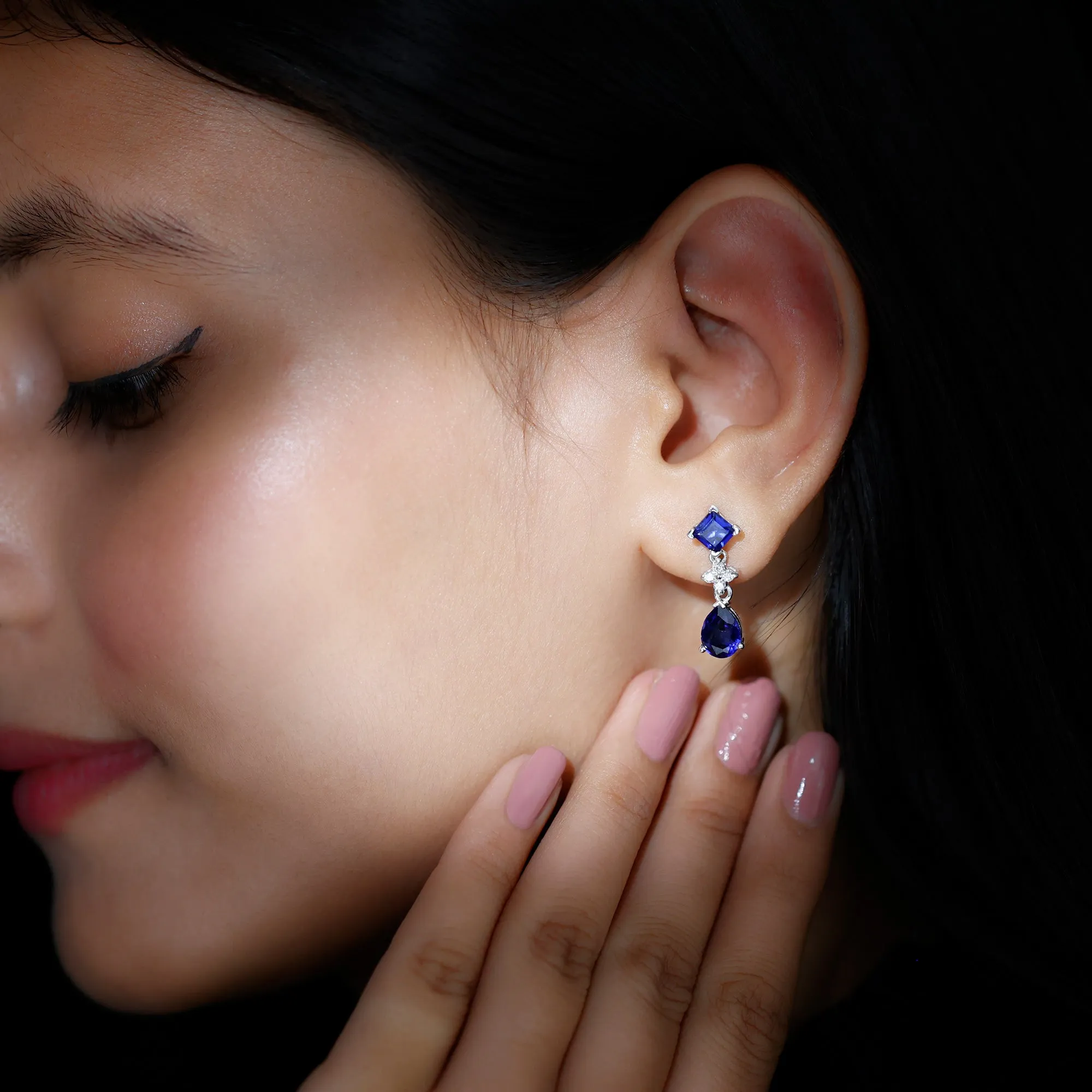 4.75 CT Created Blue Sapphire Stud Drop Earrings with Moissanite