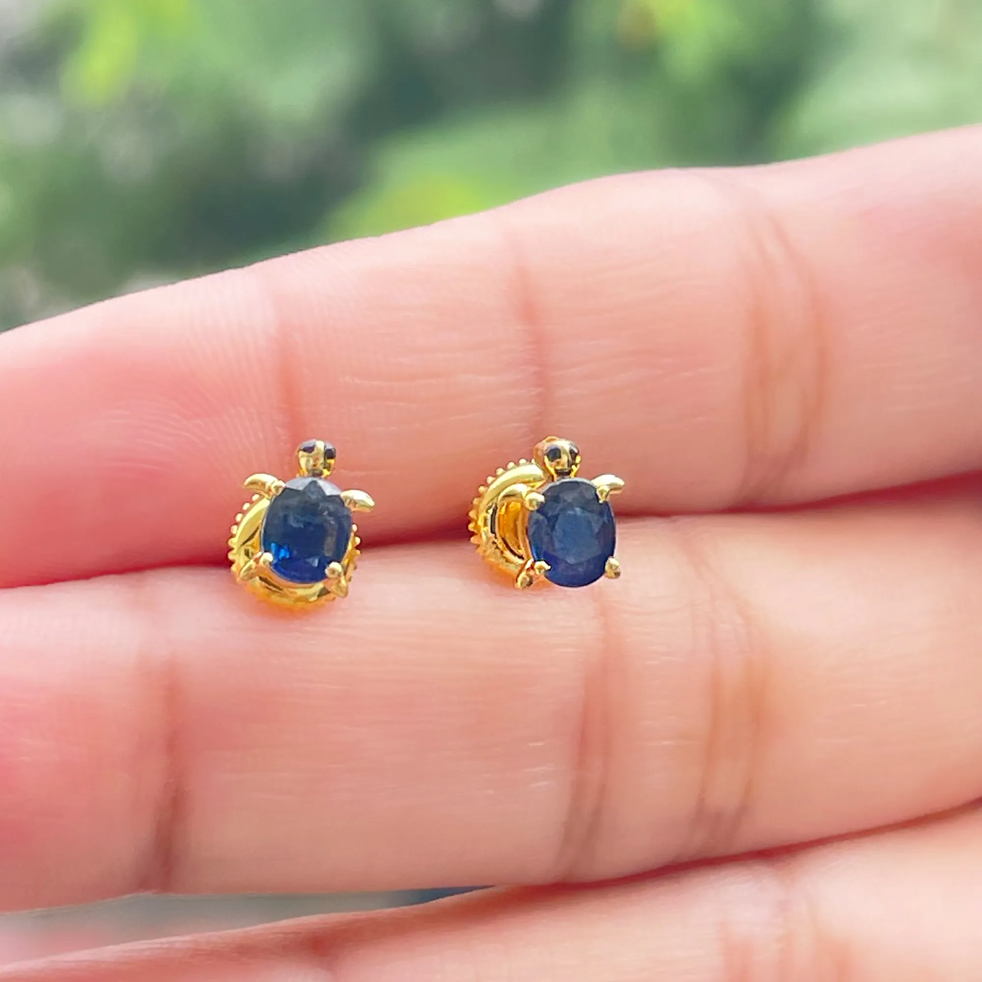 4X5 MM Oval Cut Blue Sapphire Turtle Solitaire Stud Earrings in Prong Setting
