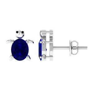4X5 MM Oval Cut Blue Sapphire Turtle Solitaire Stud Earrings in Prong Setting