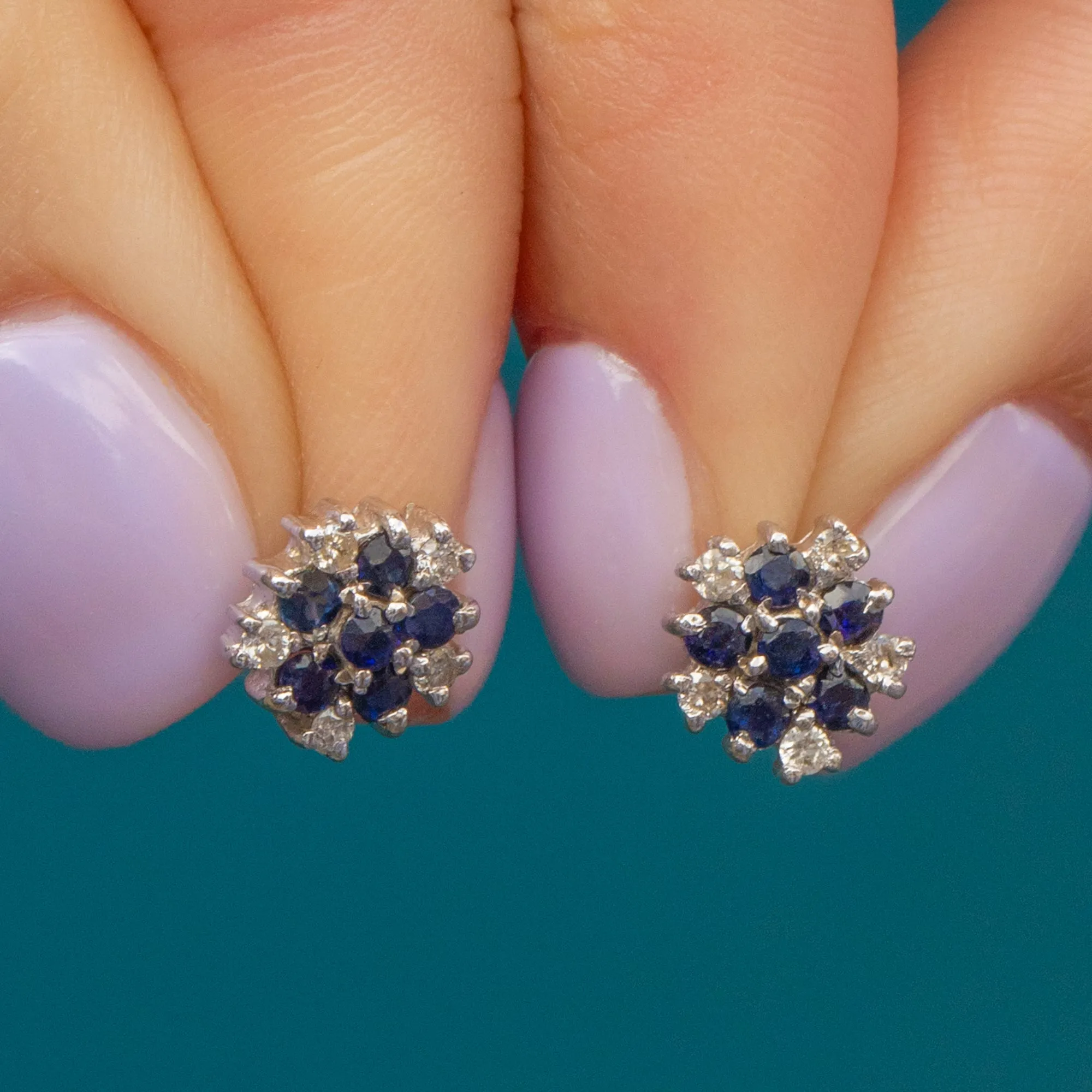 9ct Gold Sapphire Diamond Flower Cluster Stud Earrings