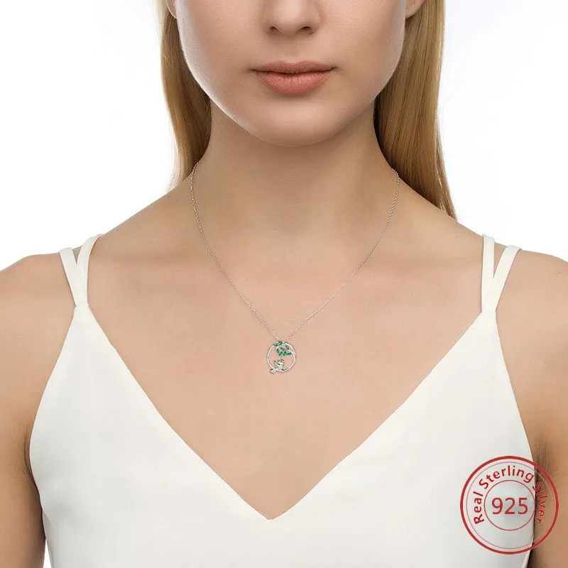 Adorable Pure S925 Silver Bird and Tree Necklace