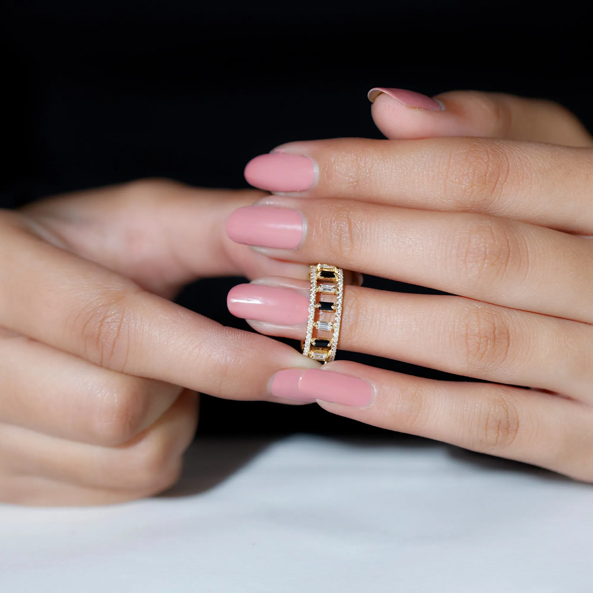 Baguette Cut Black Spinel and Moissanite Wedding Band