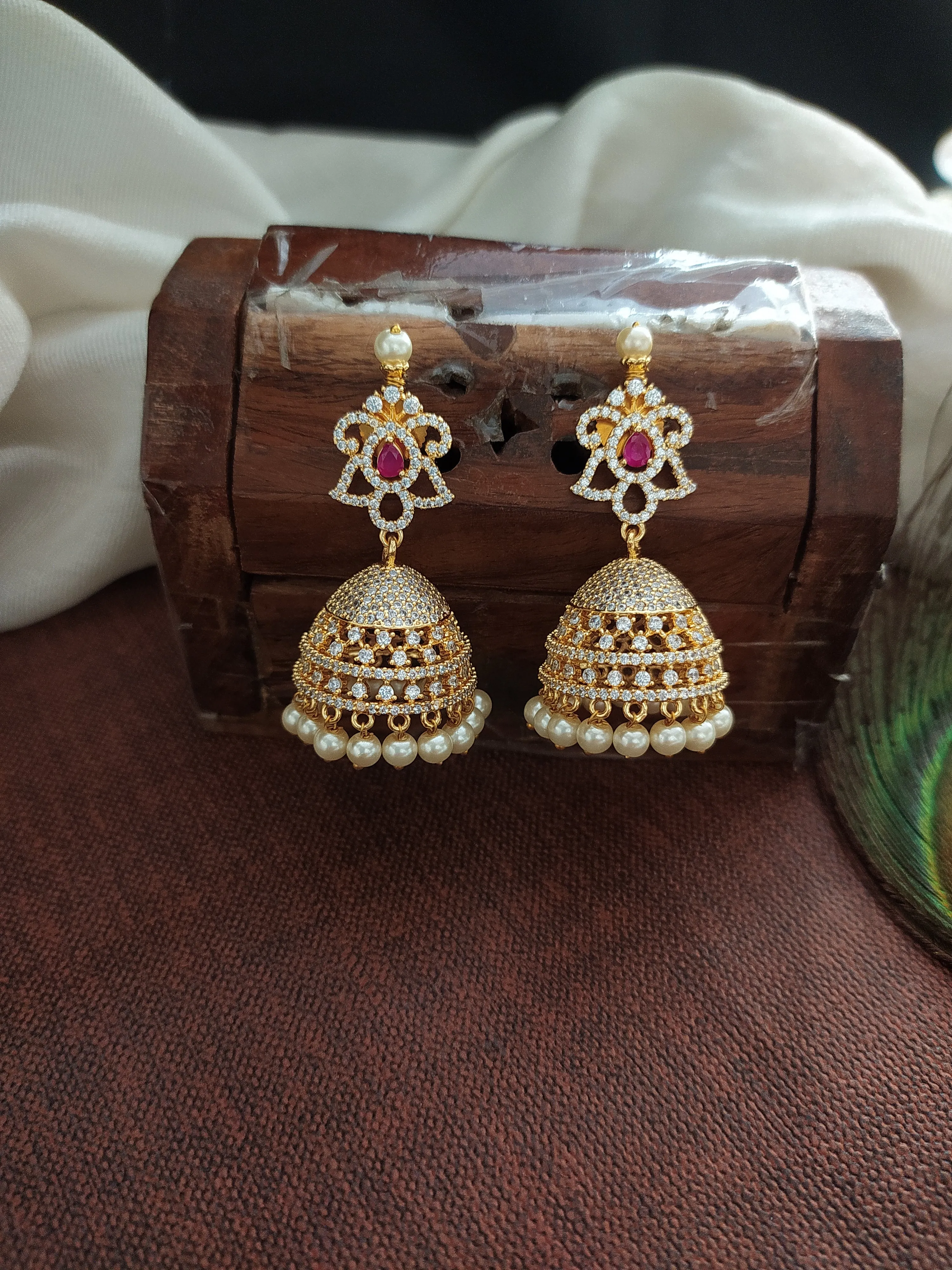 Cascading Brilliance Gold Plated Zircon & Diamond Long Haram Set with Pearl Drops