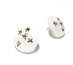 Clear Frosted & Gold Stars Retro Button Stud Earrings