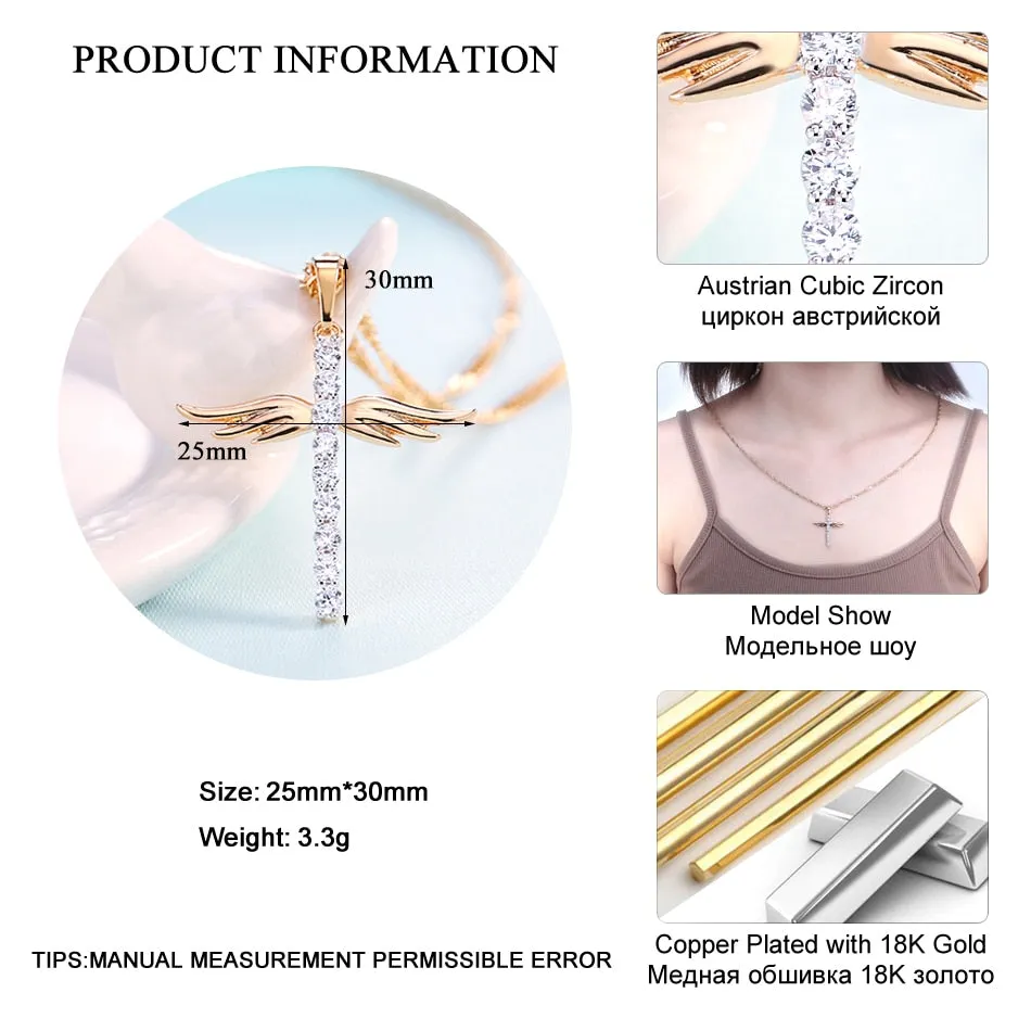LADYCHIC Angel Wings Cross Pendant Necklace for Girl Women Fashion Style Necklaces Inlaid AAA Crystal Jewelry Wholesale LN1064