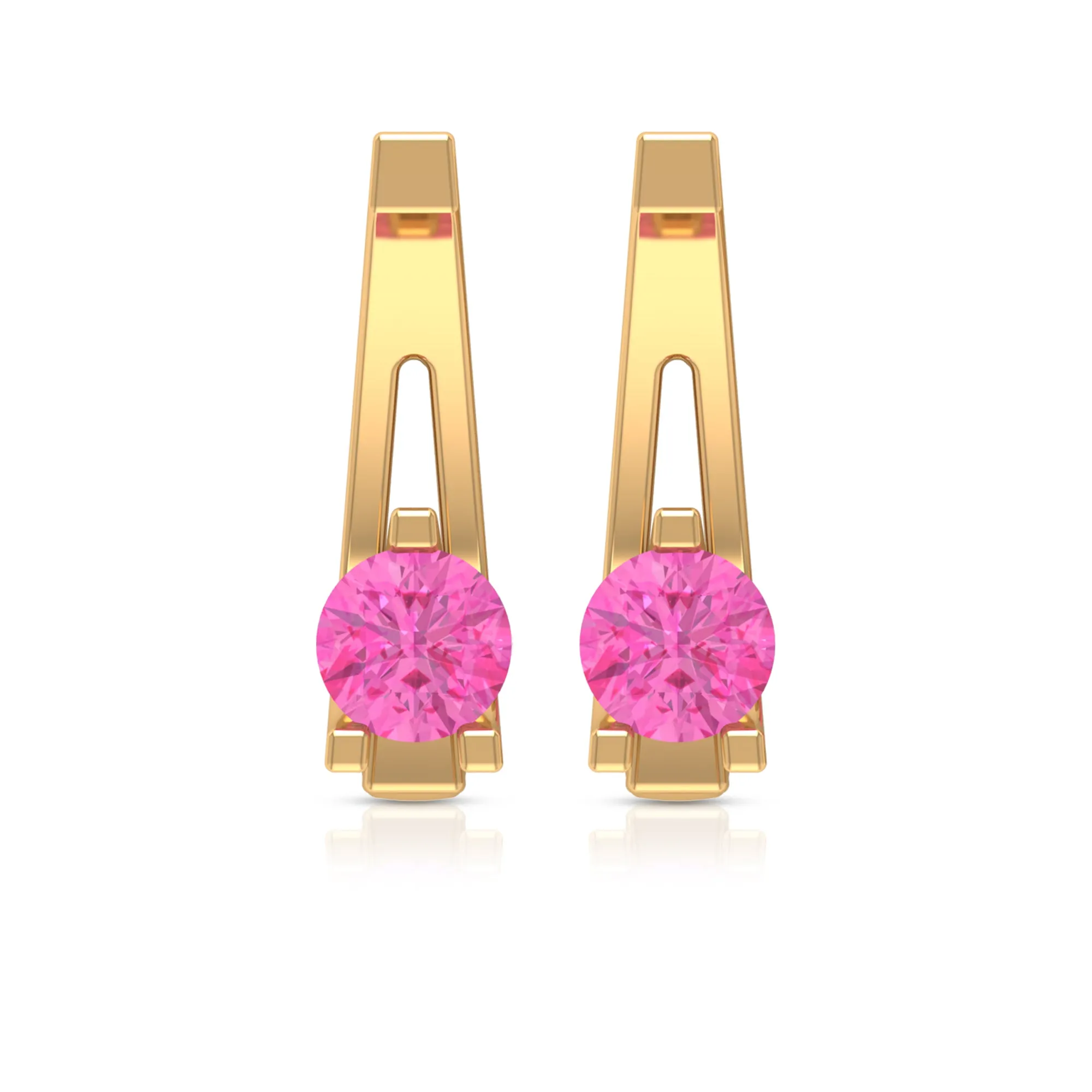 Round Cut Pink Sapphire Solitaire J Hoop Earrings in Gold
