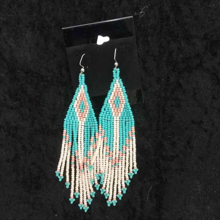 Turquoise/white Beaded Pierced Earrings